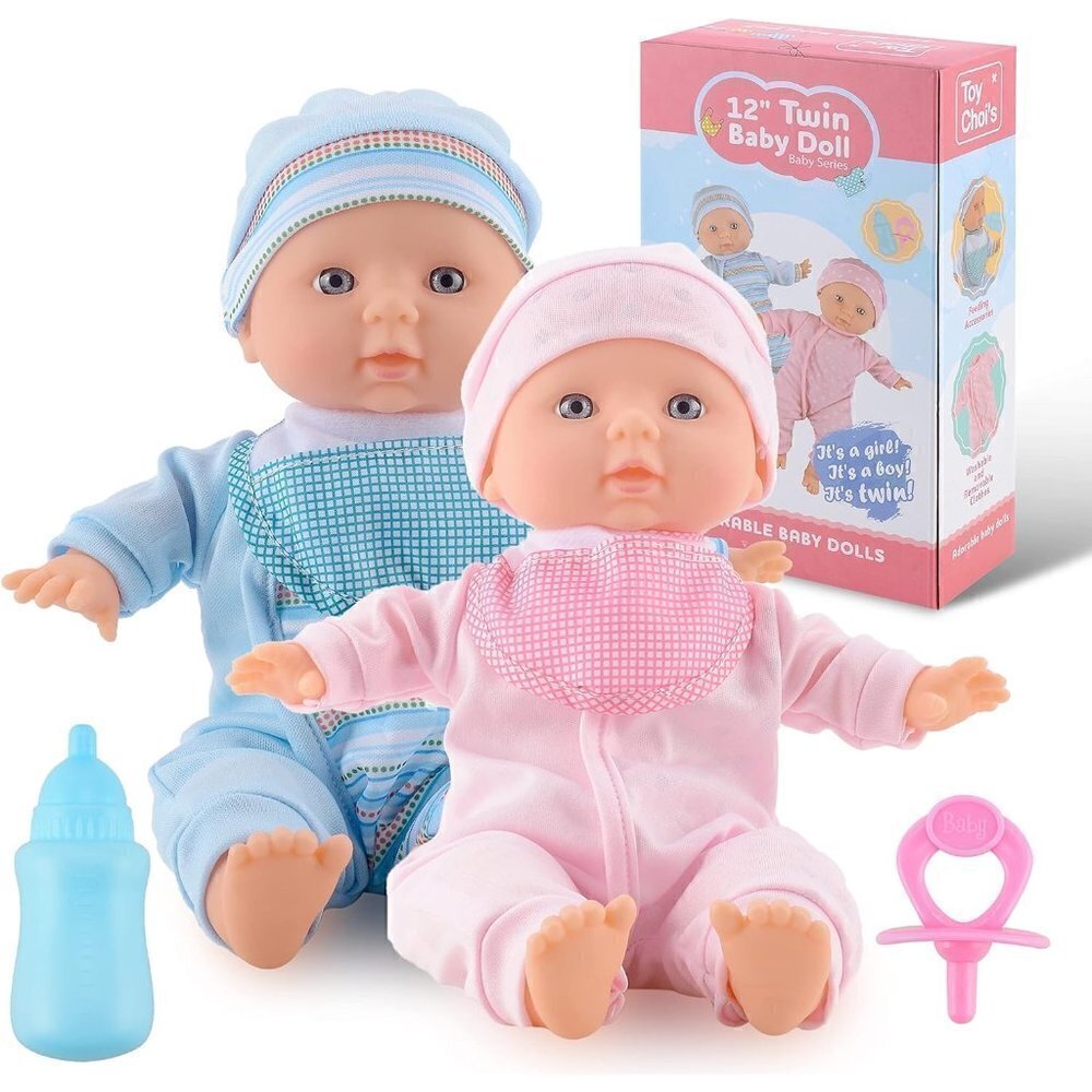 Toy Choi's Twin Baby Dolls  30cm Pink & Blue Baby Doll Set with Rompers nd Hat